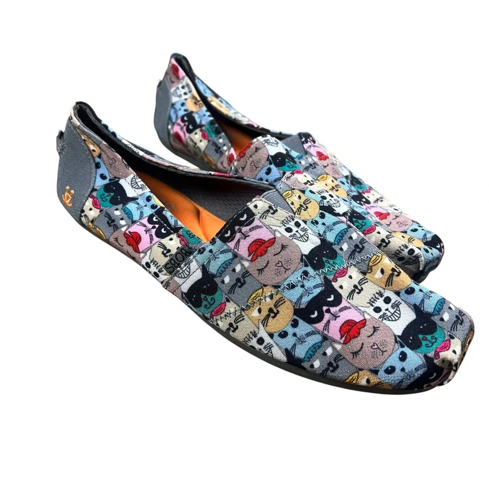 Skechers BOBS for Cats Women 10 Multi Color Cat Face Print Slip On Flats 34409 - Picture 1 of 7